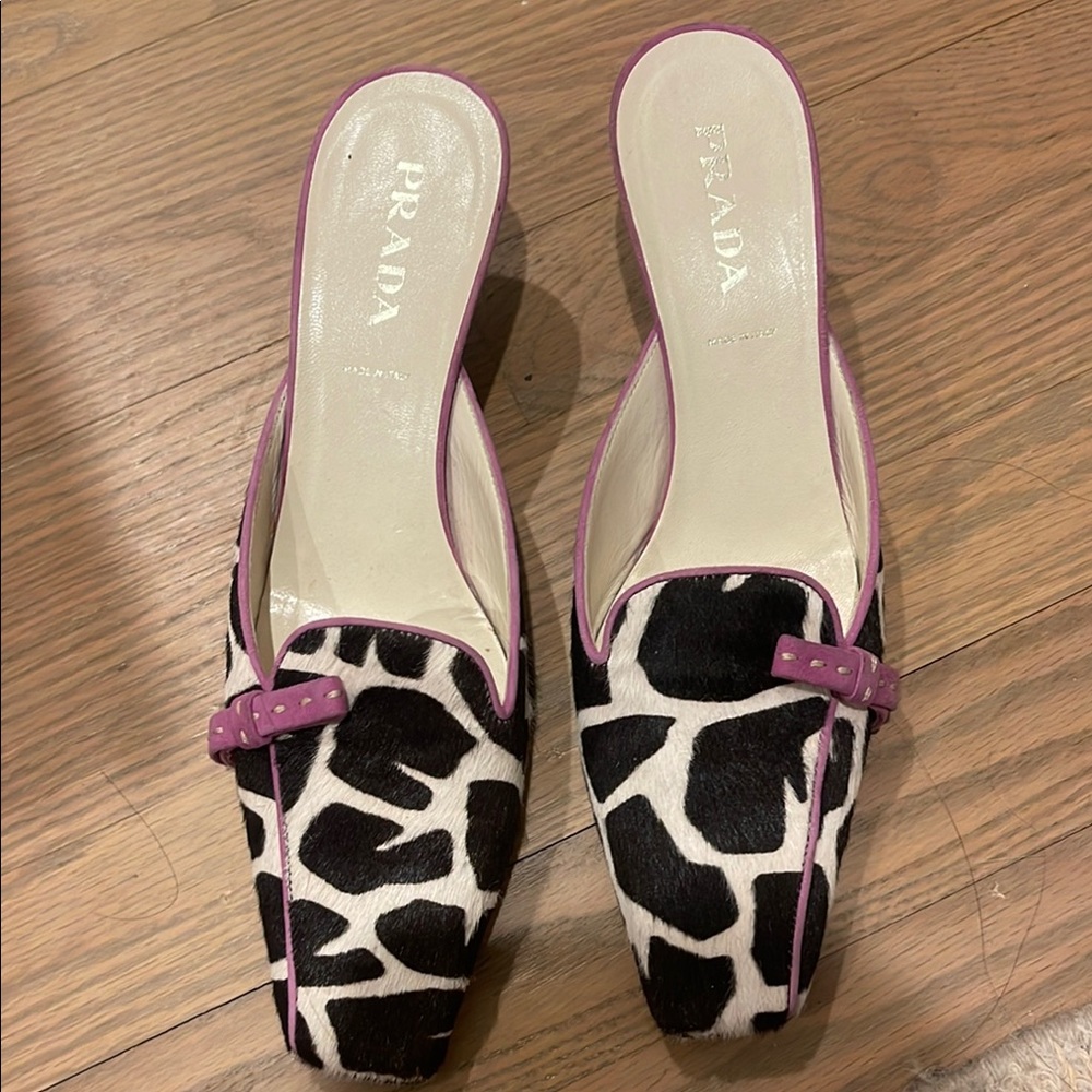 Prada Black and White Mules with Animal Print